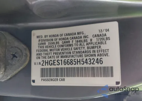 2005 Honda Civic Lx z USA, uszkodzony, nr VIN 2HGES16685H543246
